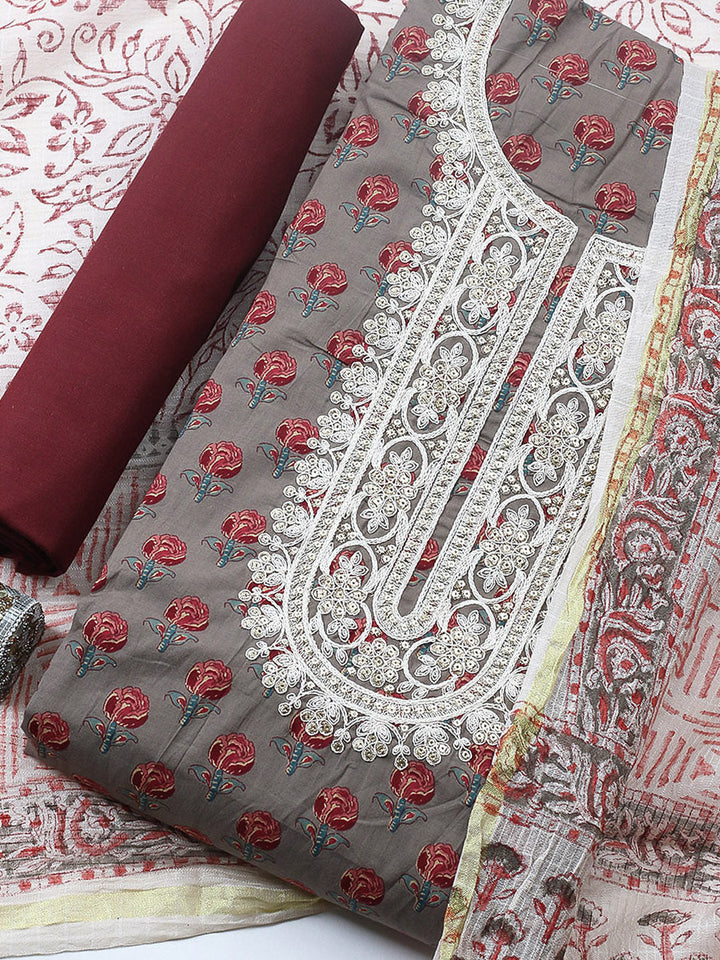 Printed Cotton Blend Unstitched Suit With Pant &amp; Dupatta