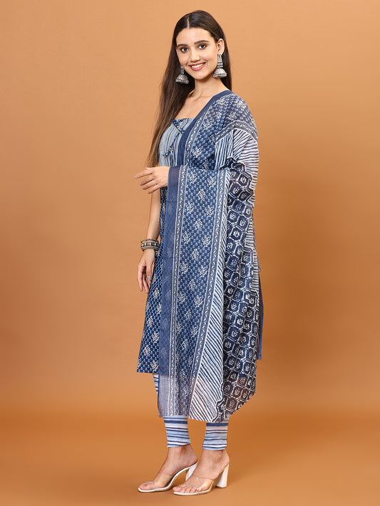 Printed Cotton Blend Unstitched Suit Piece With Dupatta