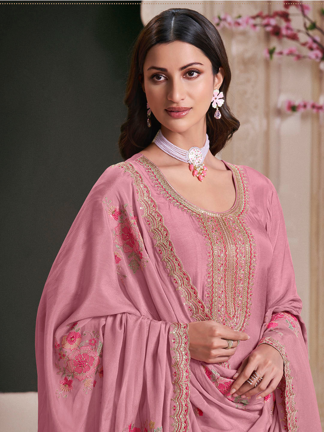 Embroidered Art Silk Unstitched Suit With Pant &amp; Dupatta