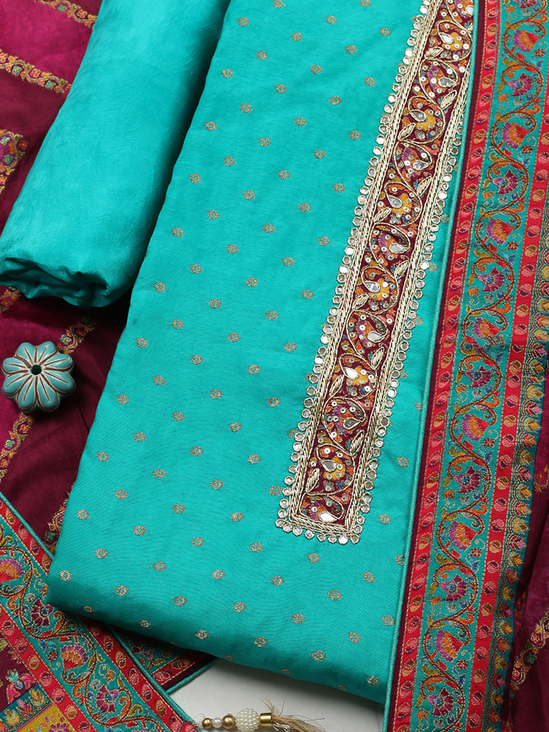 Embroidered Chanderi Unstitched Suit With Pant &amp; Dupatta