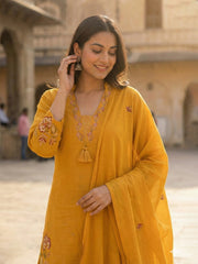 Embroidered Cotton Kurta With Pant & Dupatta