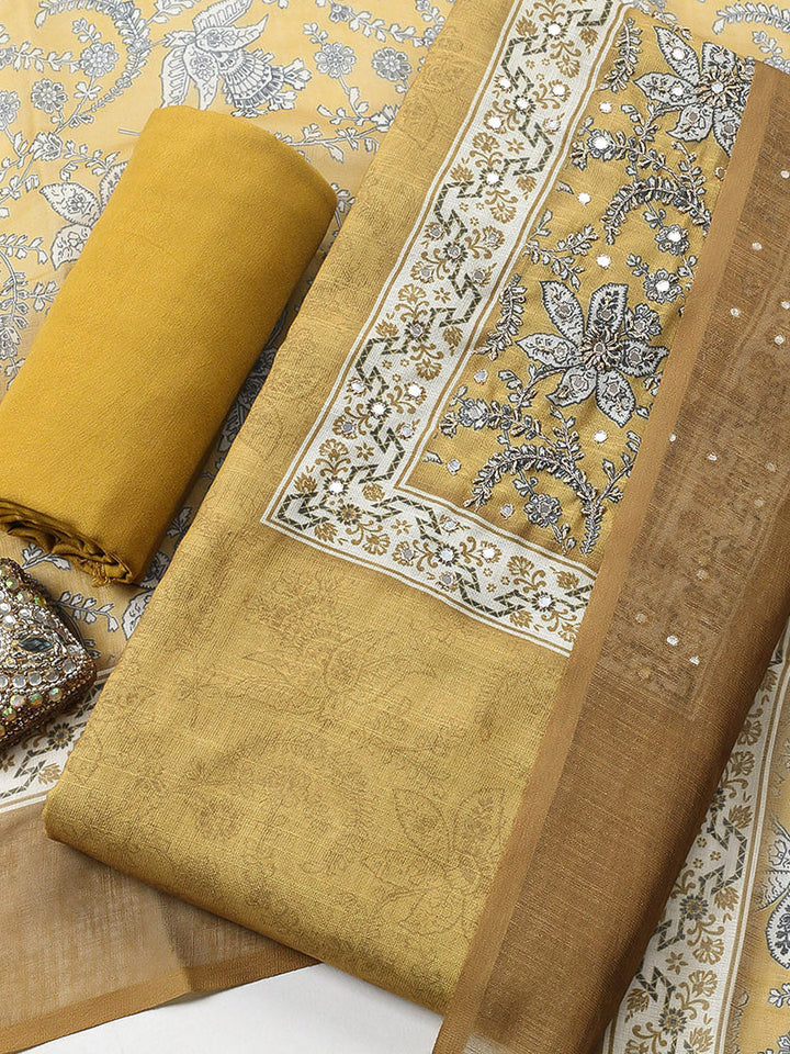 Embroidered Cotton Blend Unstitched Suit With Pant &amp; Dupatta