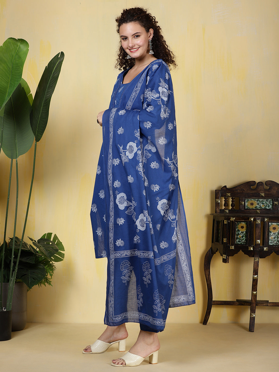 Printed Cotton Blend Kurta With Pants &amp; Dupatta