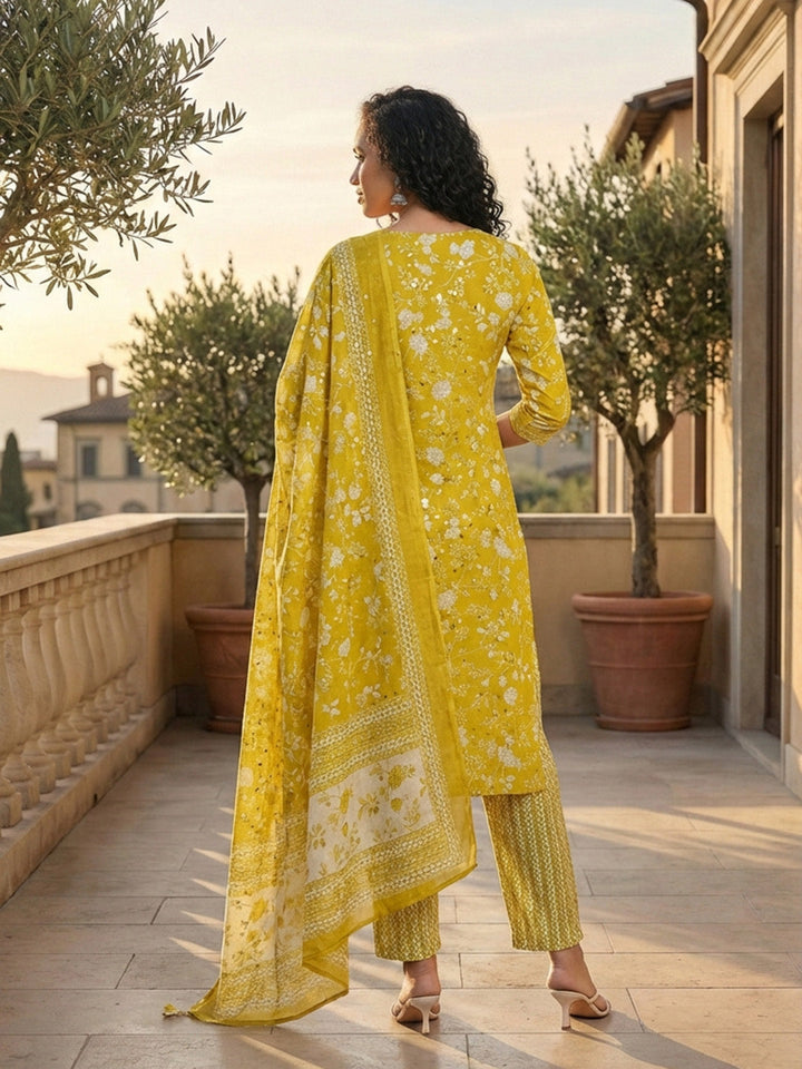 Printed Cotton Blend Kurta With Pant &amp; Dupatta