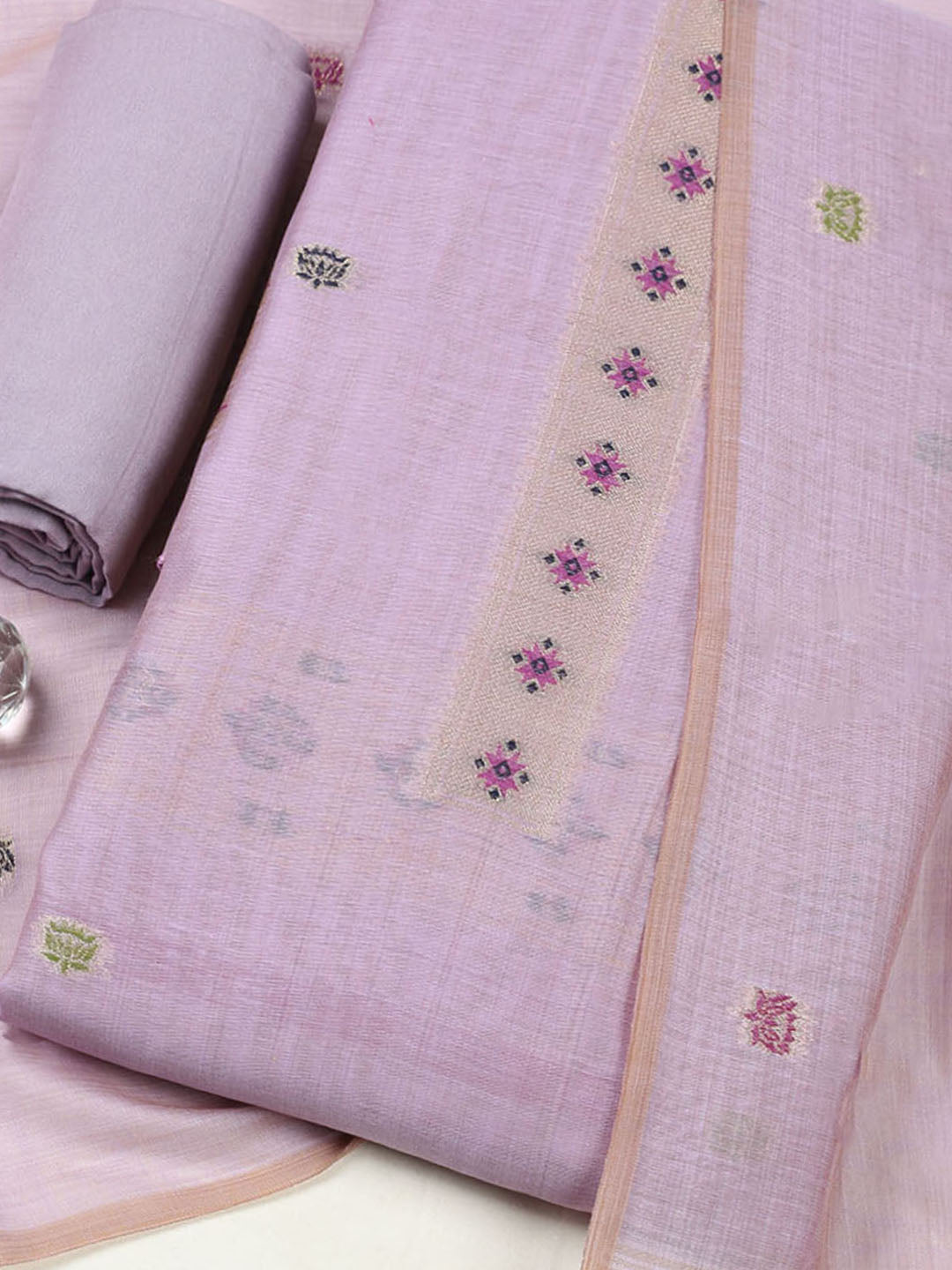 Embroidered Chanderi Unstitched Suit With Pant &amp; Dupatta