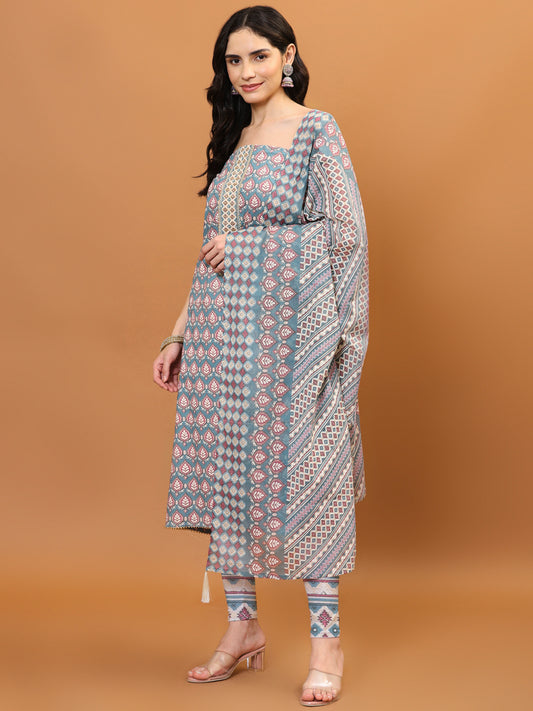 Printed Cotton Unstitched Suit Piece With Dupatta