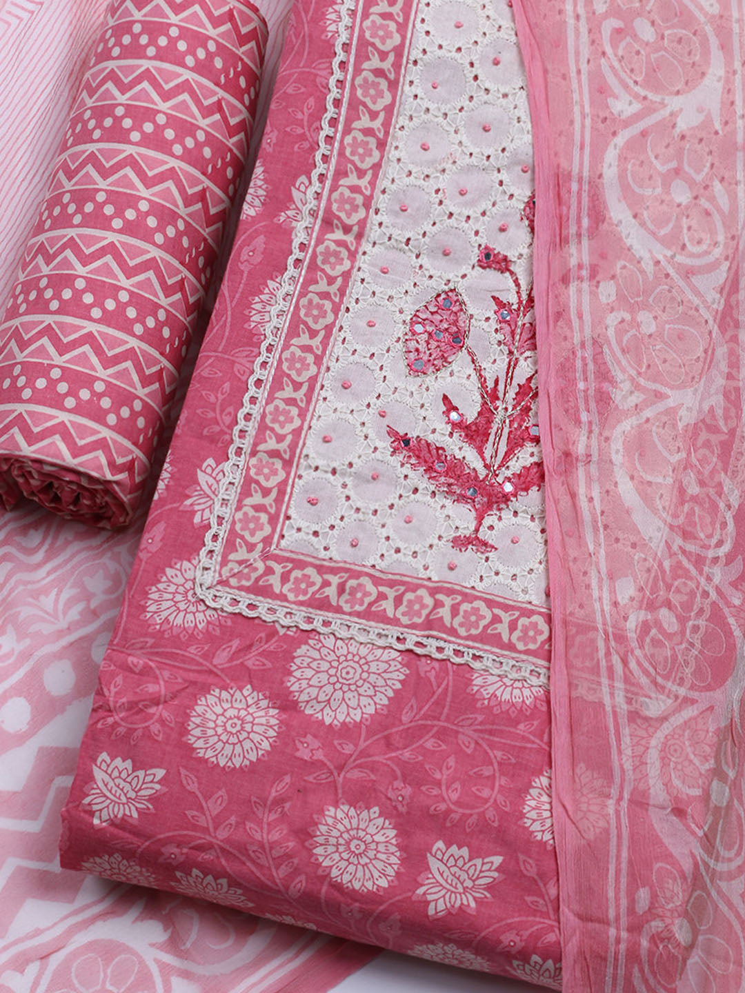 Printed Cotton Blend Unstitched Kurta With Pant &amp; Dupatta