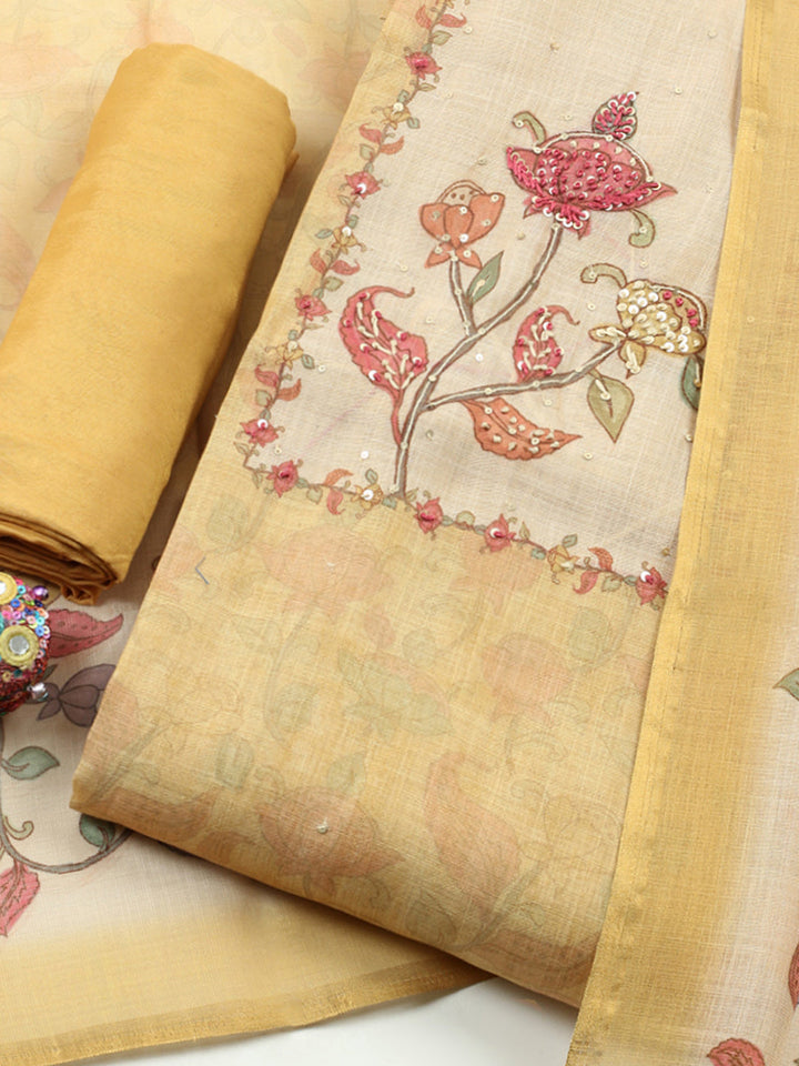 Printed Linen Blend Unstitched Suit With Pant &amp; Dupatta