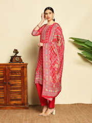 Printed Muslin Rani Suit With Pant & Dupatta