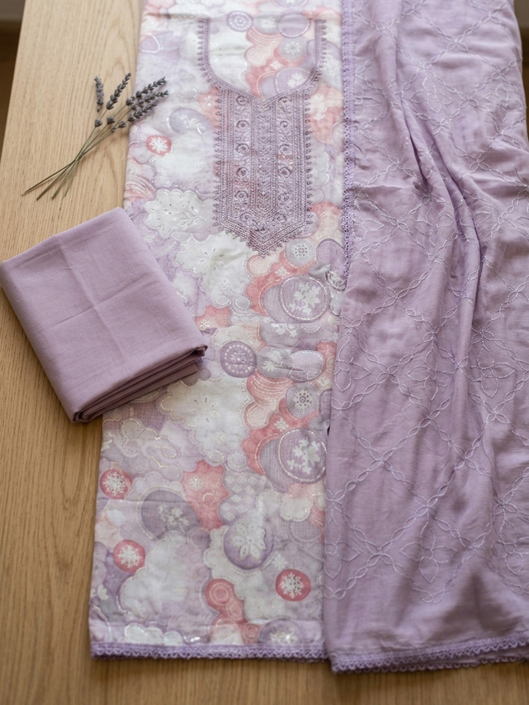 Embroidered Cotton Blend Unstitched Suit With Pant &amp; Dupatta