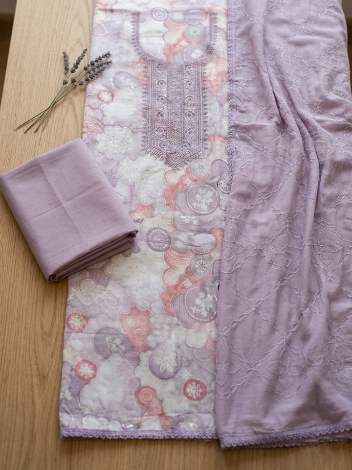 Embroidered Cotton Blend Unstitched Suit With Pant &amp; Dupatta