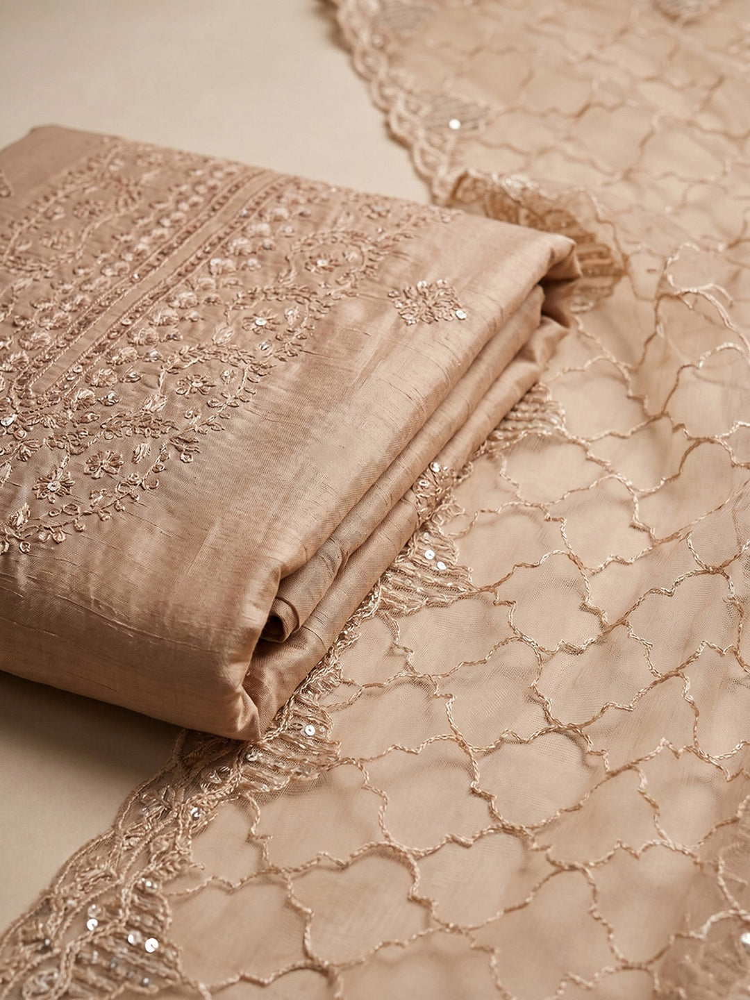 Neck Embroidered Chanderi Unstitched Suit With Dupatta
