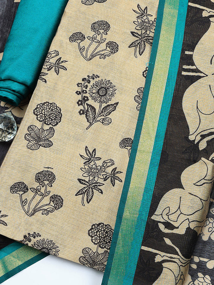 Printed Chanderi Unstitched Suit With Pant &amp; Dupatta