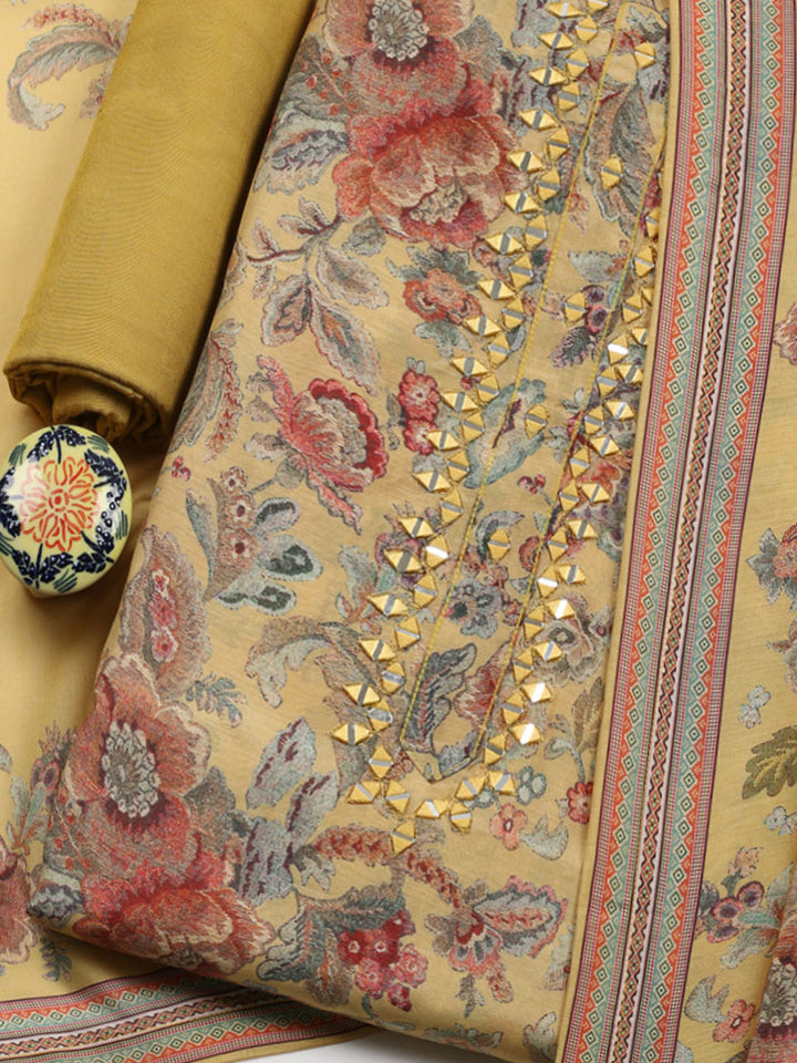 Embellished Muslin Unstitched Suit With Pant &amp; Dupatta