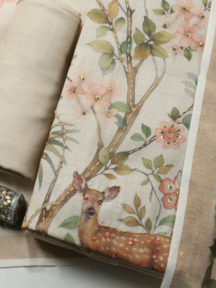 Printed Cotton Blend Unstitched Suit With Pant &amp; Dupatta