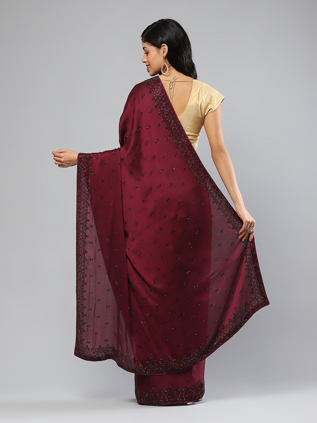 Stone Work Embellished Satin Saree