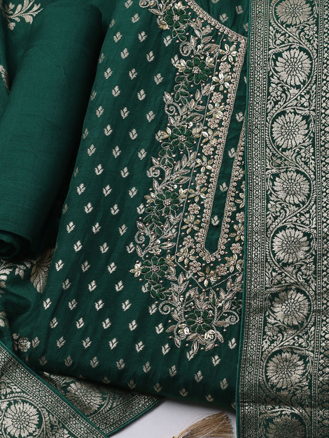 Neck Embroidered Chanderi Unstitched Suit With Dupatta