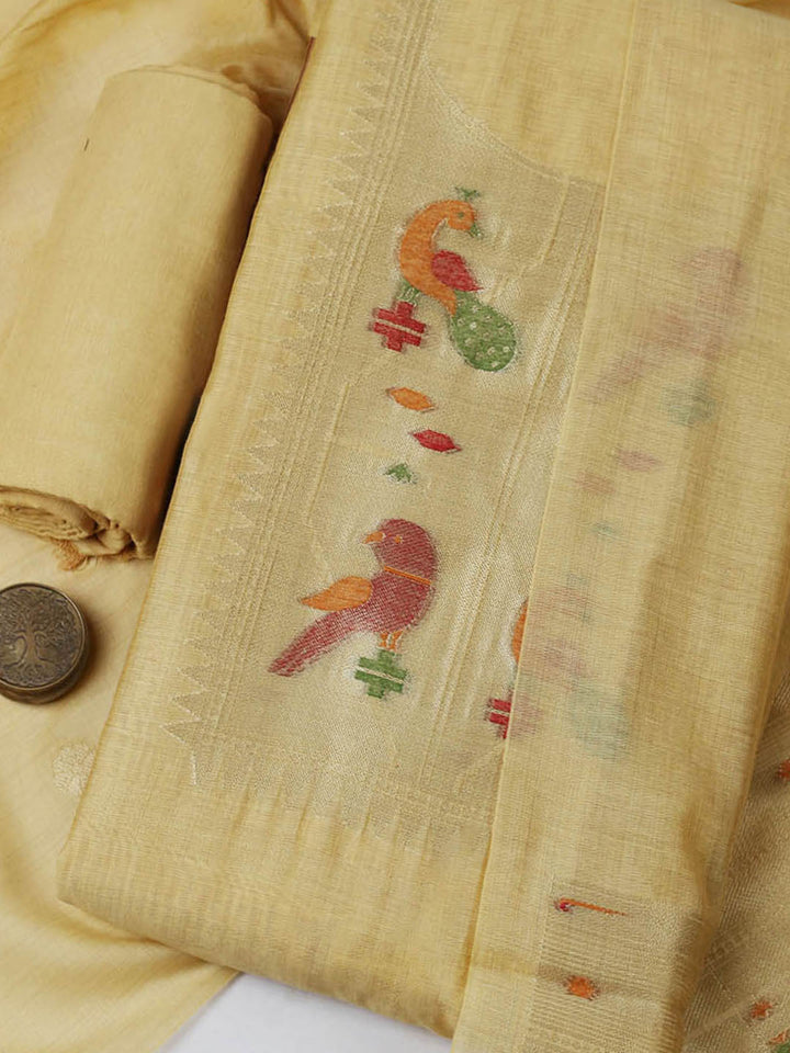 Embroidered Chanderi Unstitched Suit With Pant &amp; Dupatta