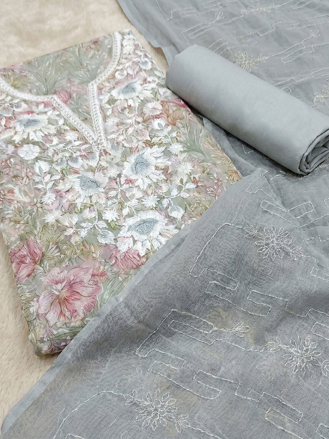 Neck Embroidered Cotton Blend Unstitched Suit With Dupatta