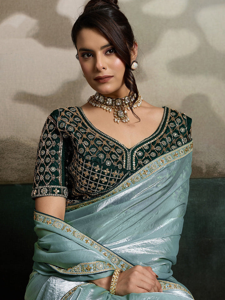 Embroidered Satin Saree With Readymade Blouse