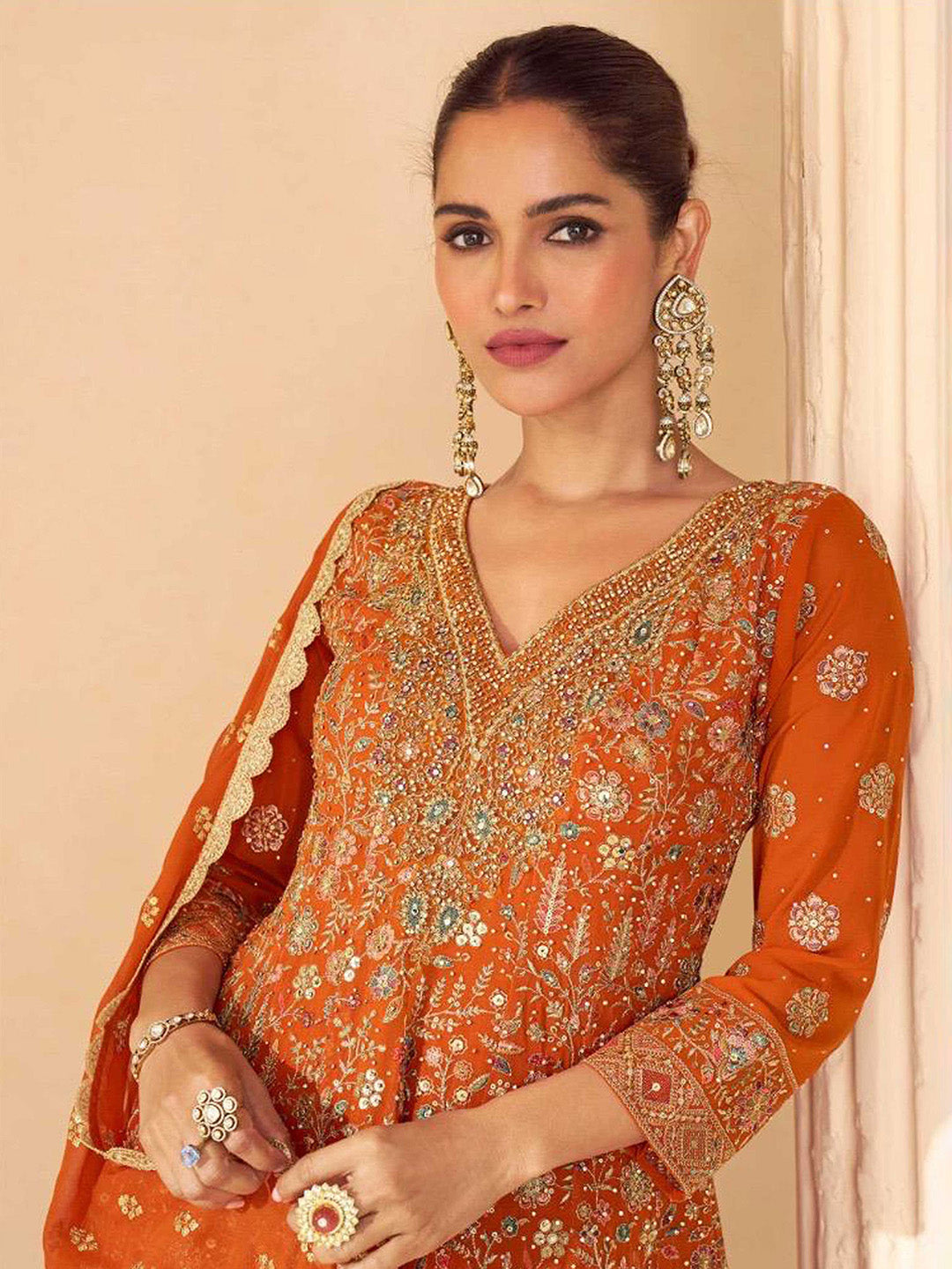 Embroidered Georgette Kurta With Gharara &amp; Dupatta