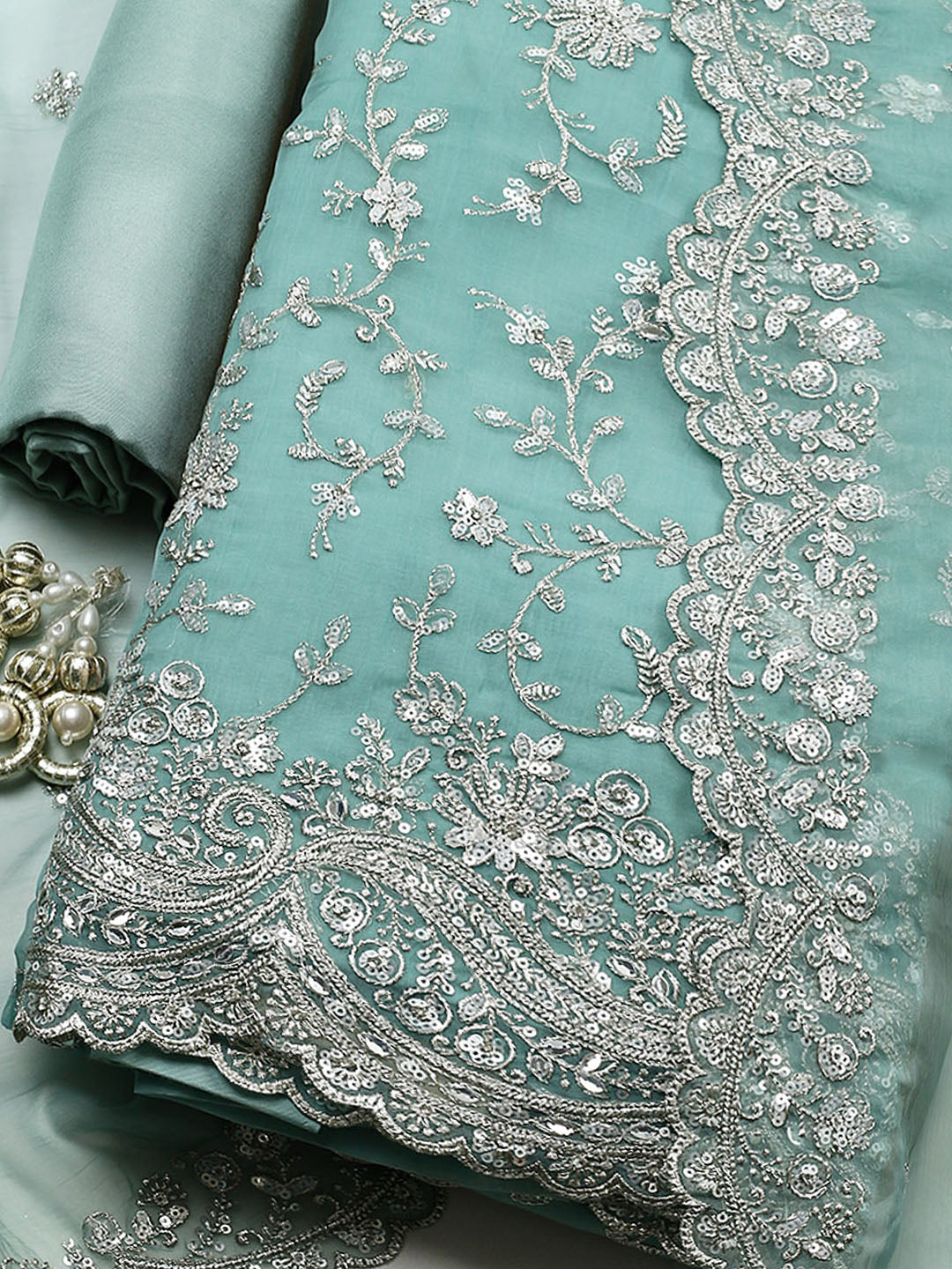 Embroidered Organza Unstitched Suit With Pant &amp; Dupatta