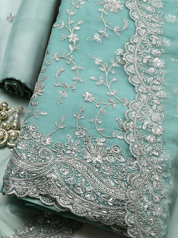 Embroidered Organza Unstitched Suit With Pant &amp; Dupatta