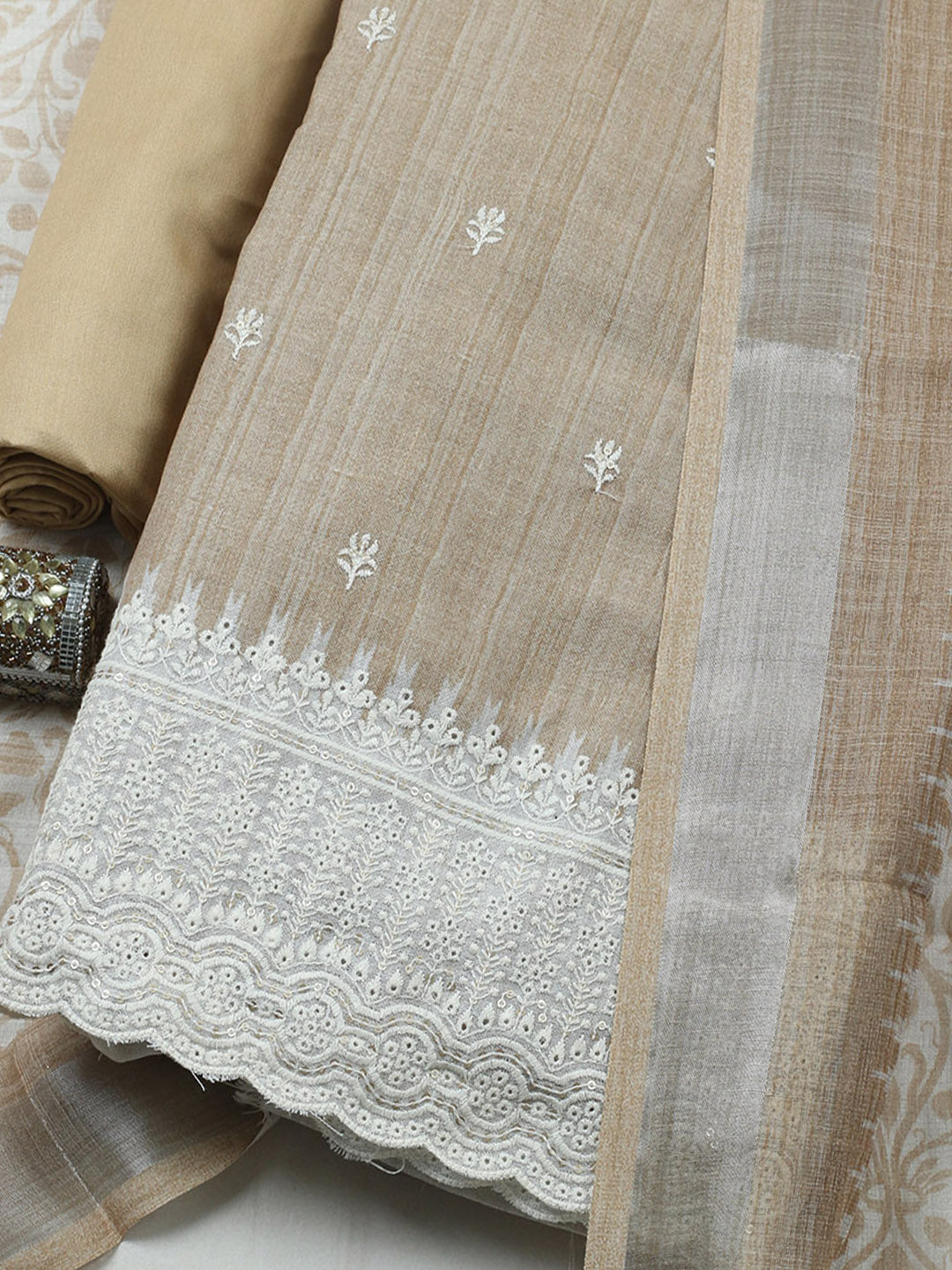 Embroidered Linen Blend Unstitched Suit With Pant &amp; Dupatta