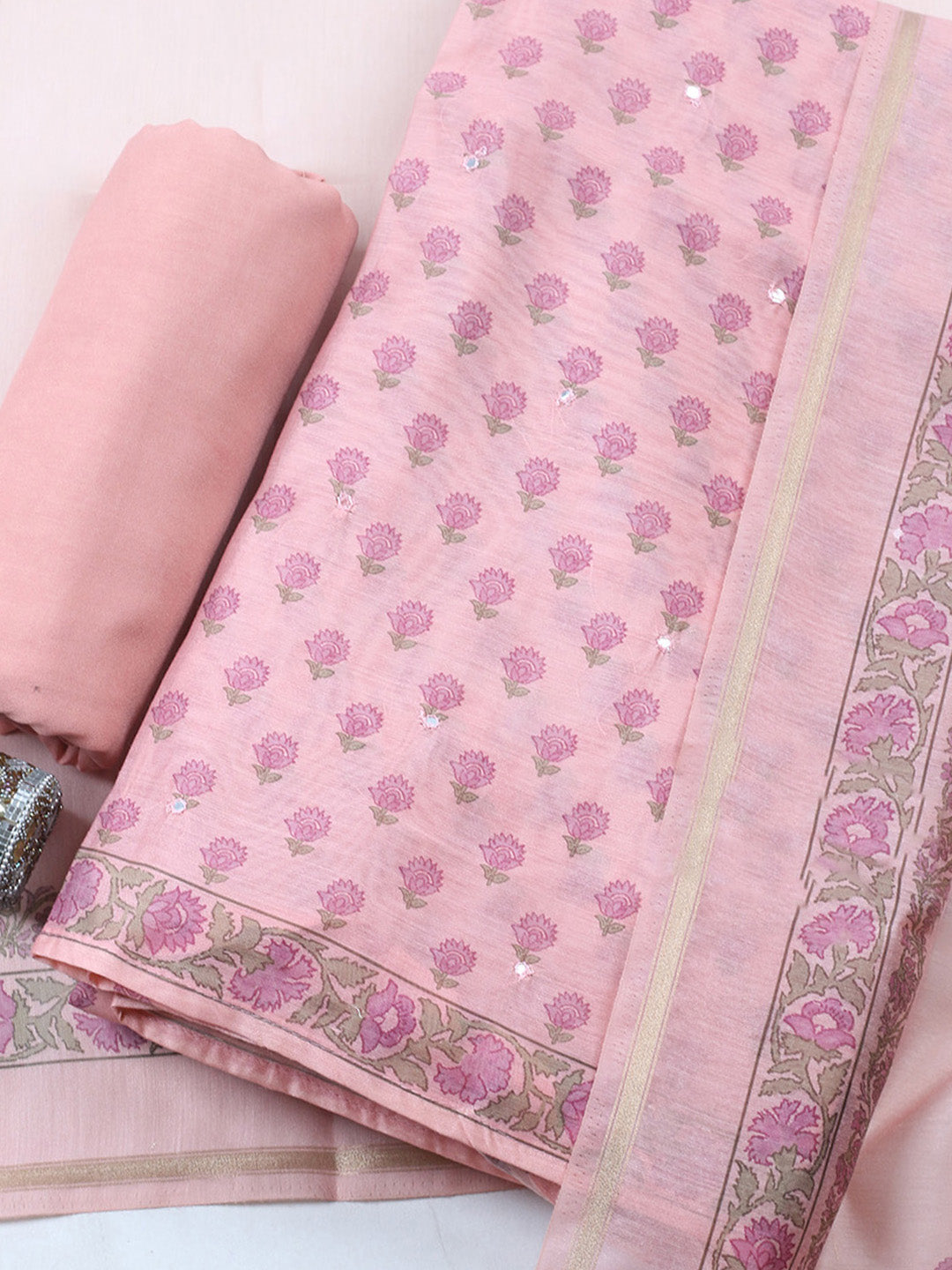Printed Chanderi Unstitched Suit With Pant &amp; Dupatta