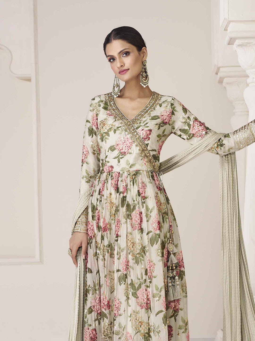 Beige Embroidered Organza Straight Suit Set With Dupatta