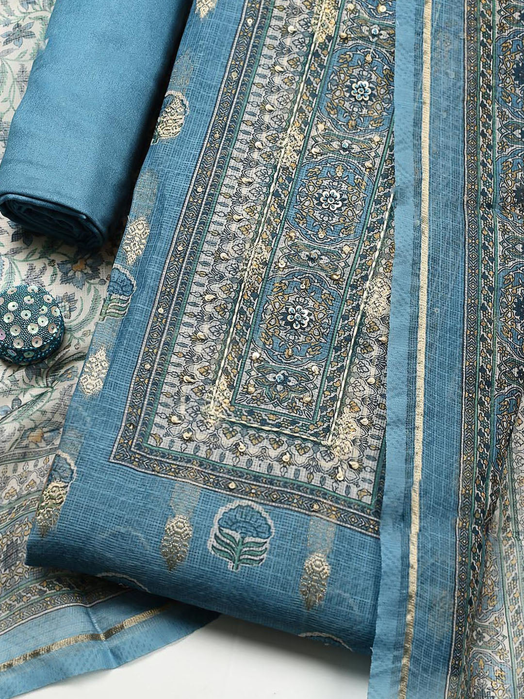 Embroidered Linen Blend Unstitched Suit With Pant &amp; Dupatta