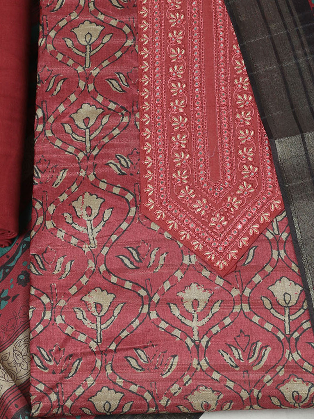 Embroidered Chanderi Unstitched Suit With Pant &amp; Dupatta