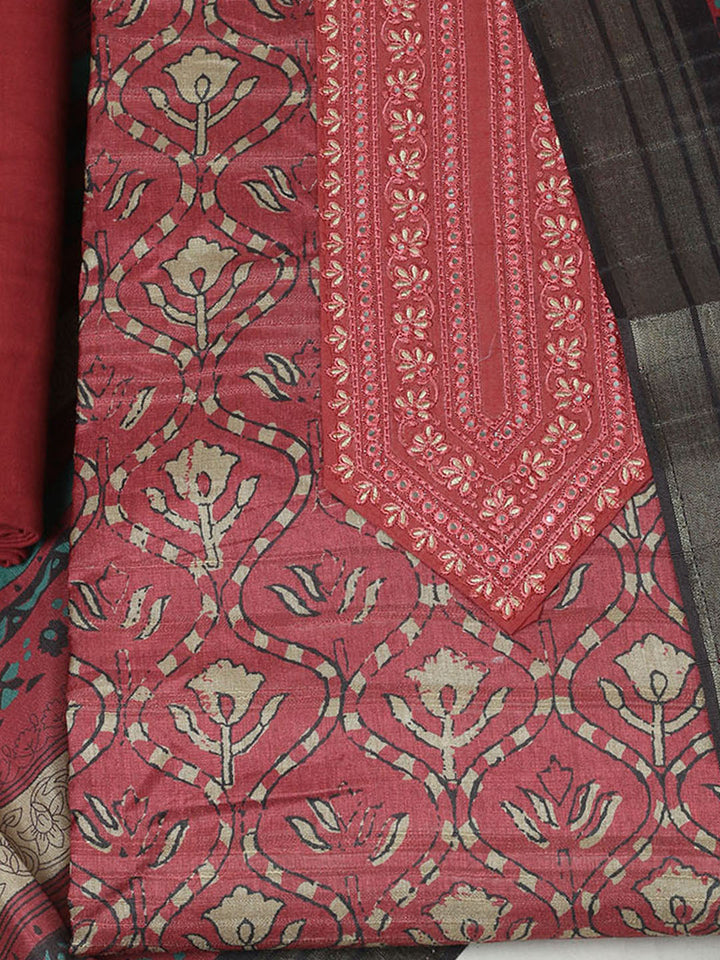 Embroidered Chanderi Unstitched Suit With Pant &amp; Dupatta