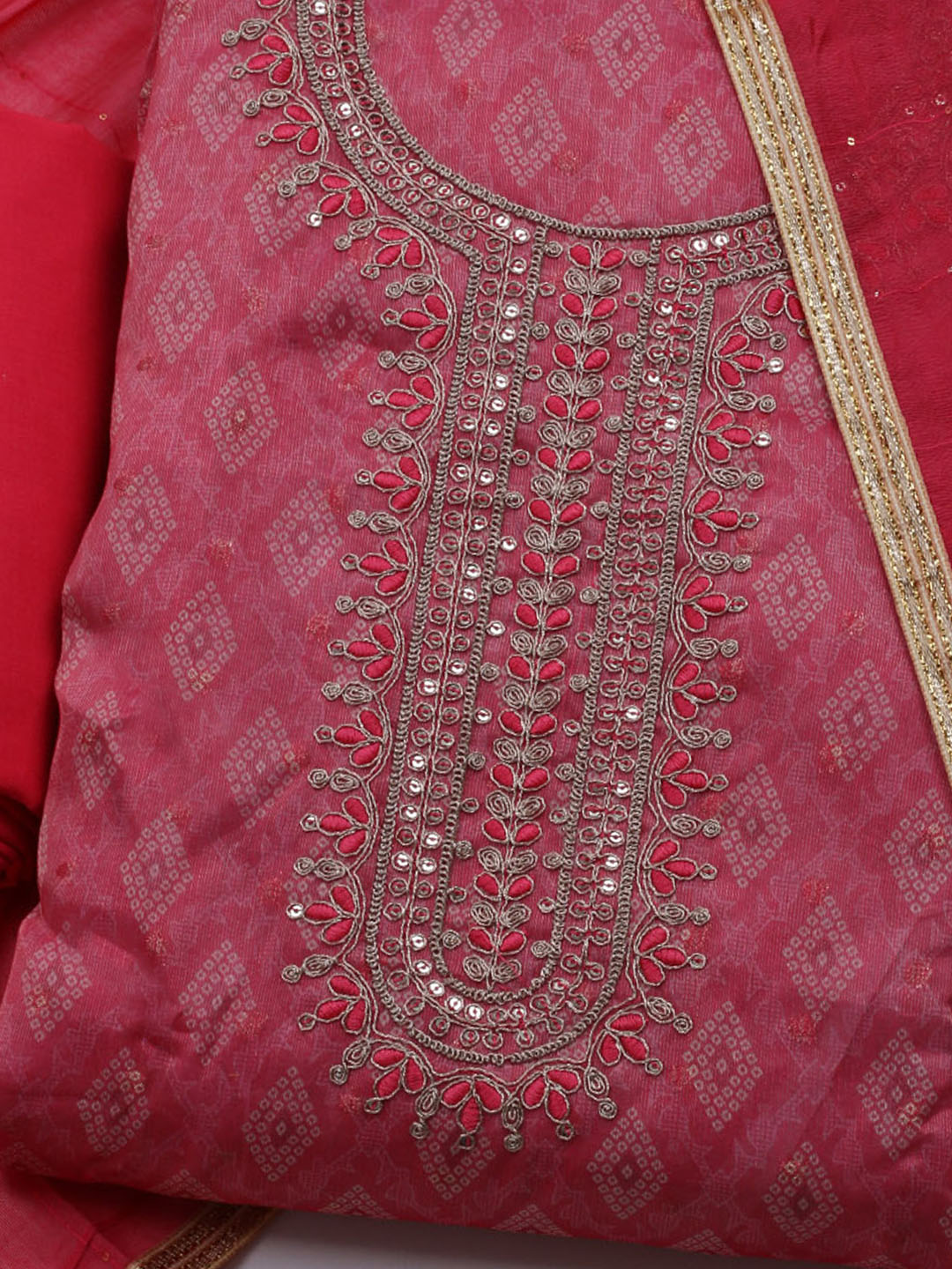Neck Embroidered Chanderi Unstitched Suit With Dupatta