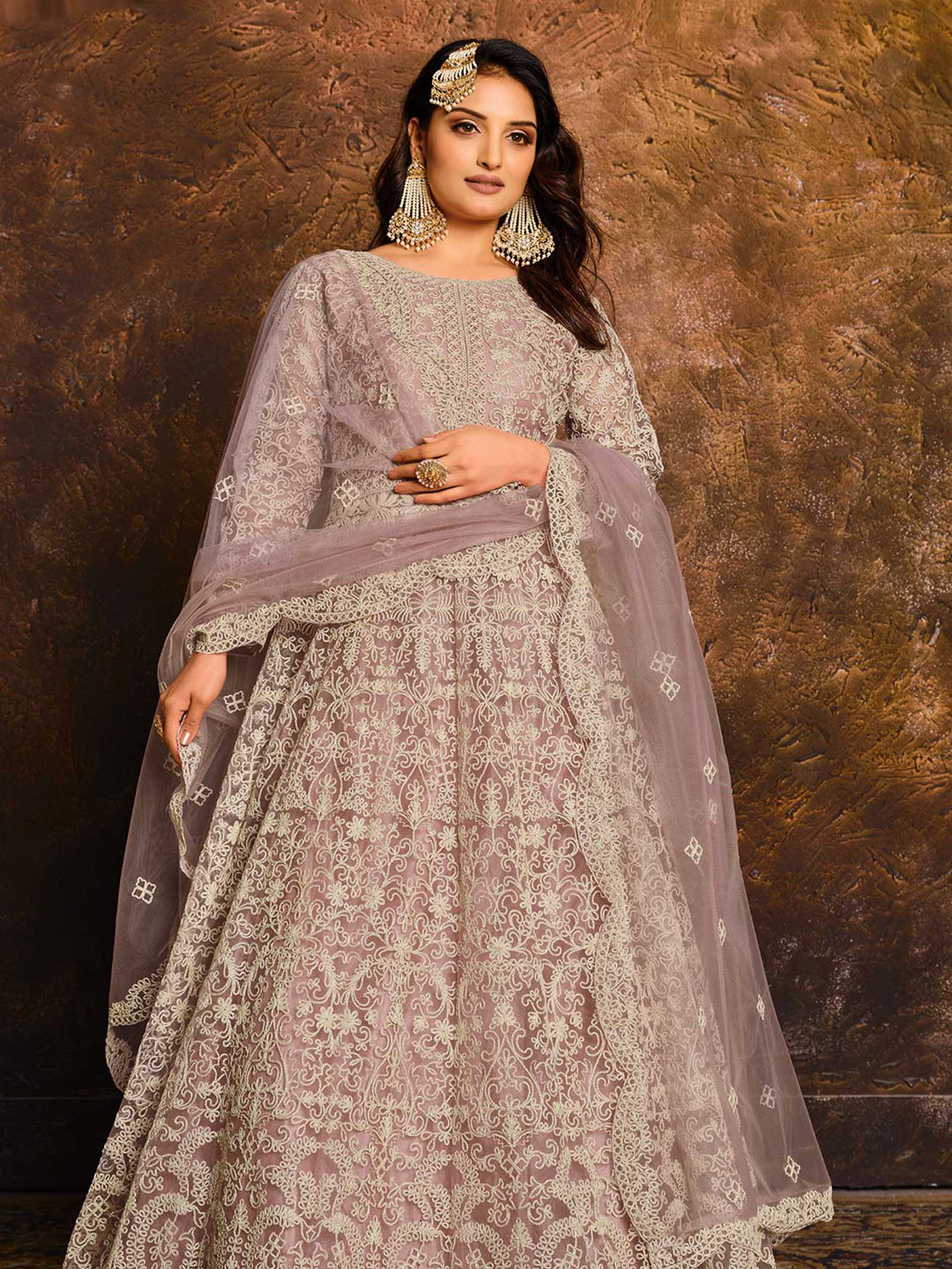 Embroidered Net Semi Stitched Kurta With Pant &amp; Dupatta
