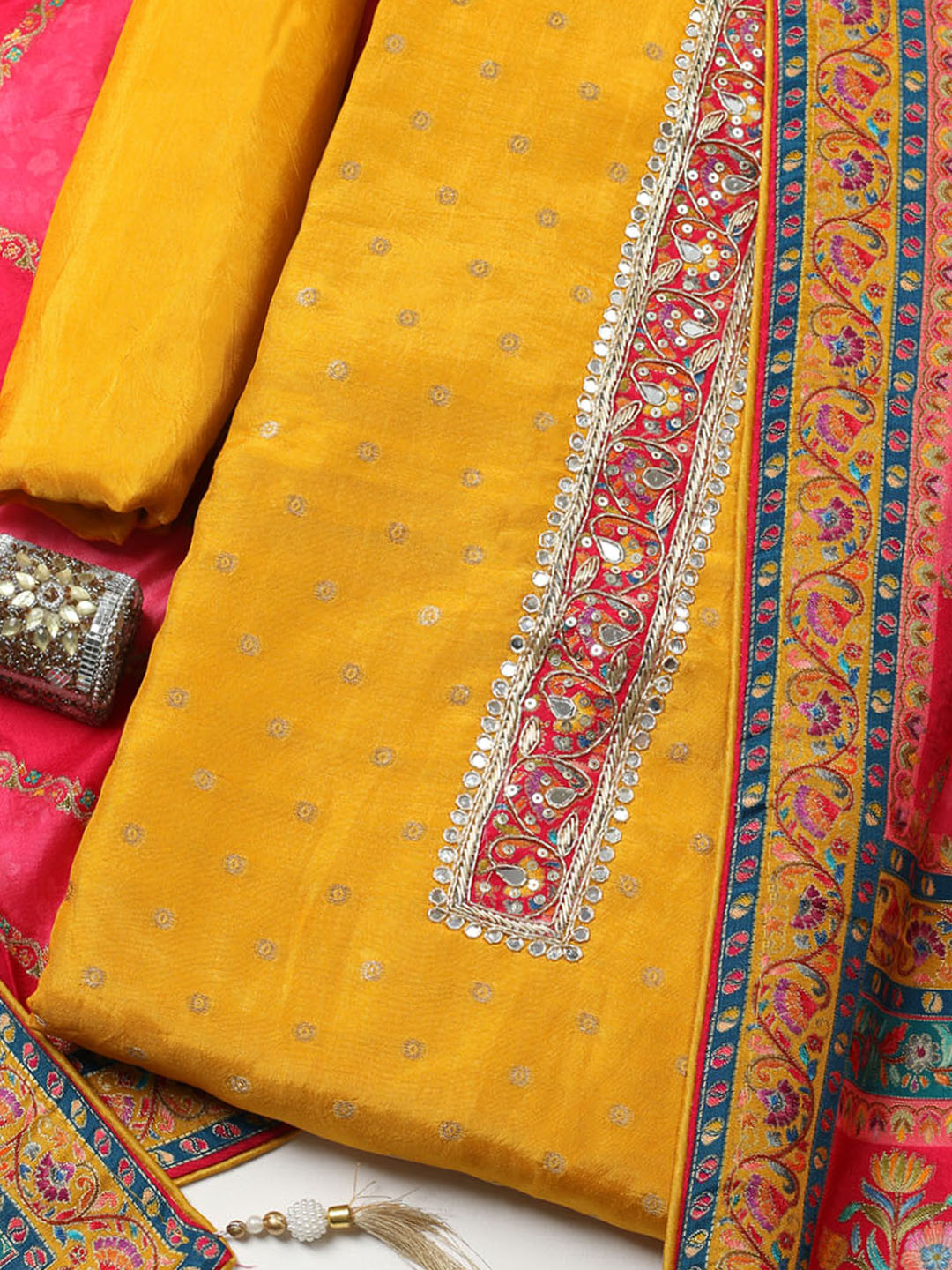 Embroidered Chanderi Unstitched Suit With Pant &amp; Dupatta