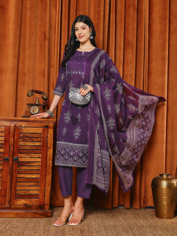 Printed Cotton Blend Kurta With Pants &amp; Dupatta