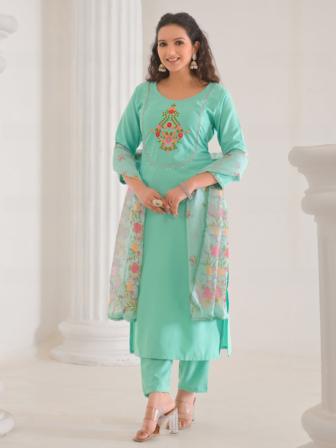 Neck Embroidery Cotton Blend Kurta With Pants &amp; Dupatta