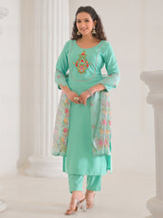 Neck Embroidery Cotton Blend Kurta With Pants & Dupatta