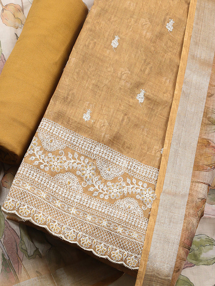 Embroidered Linen Blend Unstitched Suit With Pant &amp; Dupatta