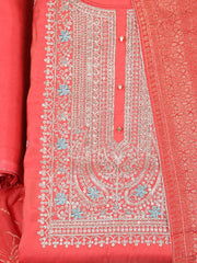 Embroidered Chanderi Rust Unstitched Suit With Pant & Dupatta