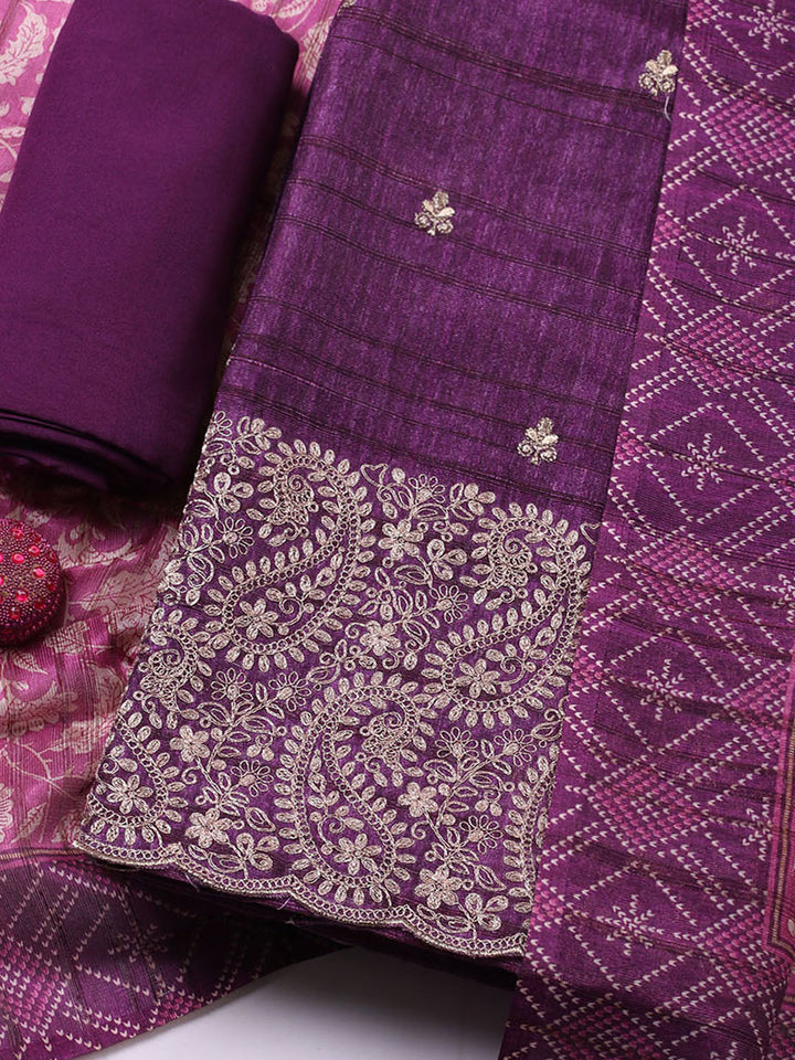 Embroidered Tussar Unstitched Suit With Pant &amp; Dupatta