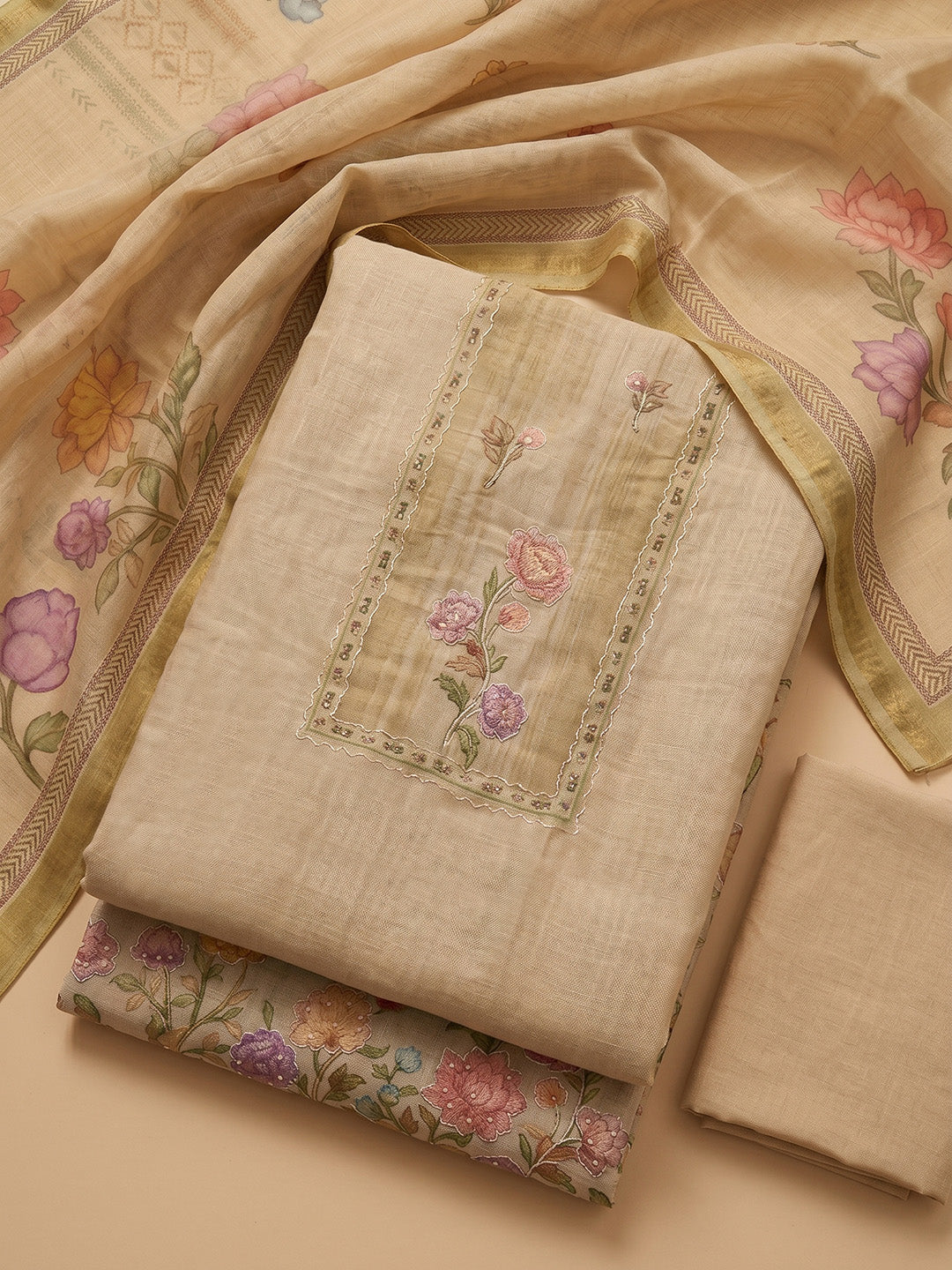 Beige Embroidered Linen Blend Unstitched Suit With Pant &amp; Dupatta