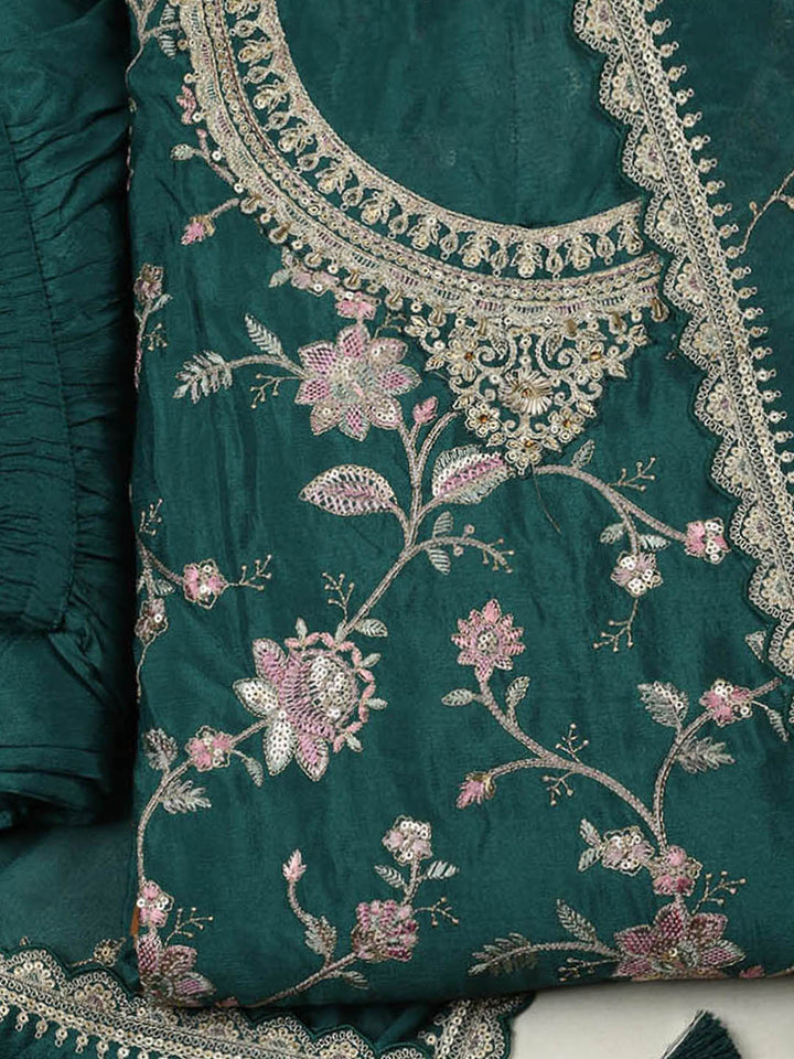 Embroidered Chinon Unstitched Suit With Pant &amp; Dupatta