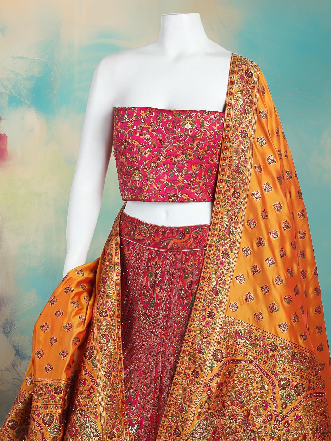 Rajasthani Folk Motif Unstitched Lehenga Choli with Narrative Borders