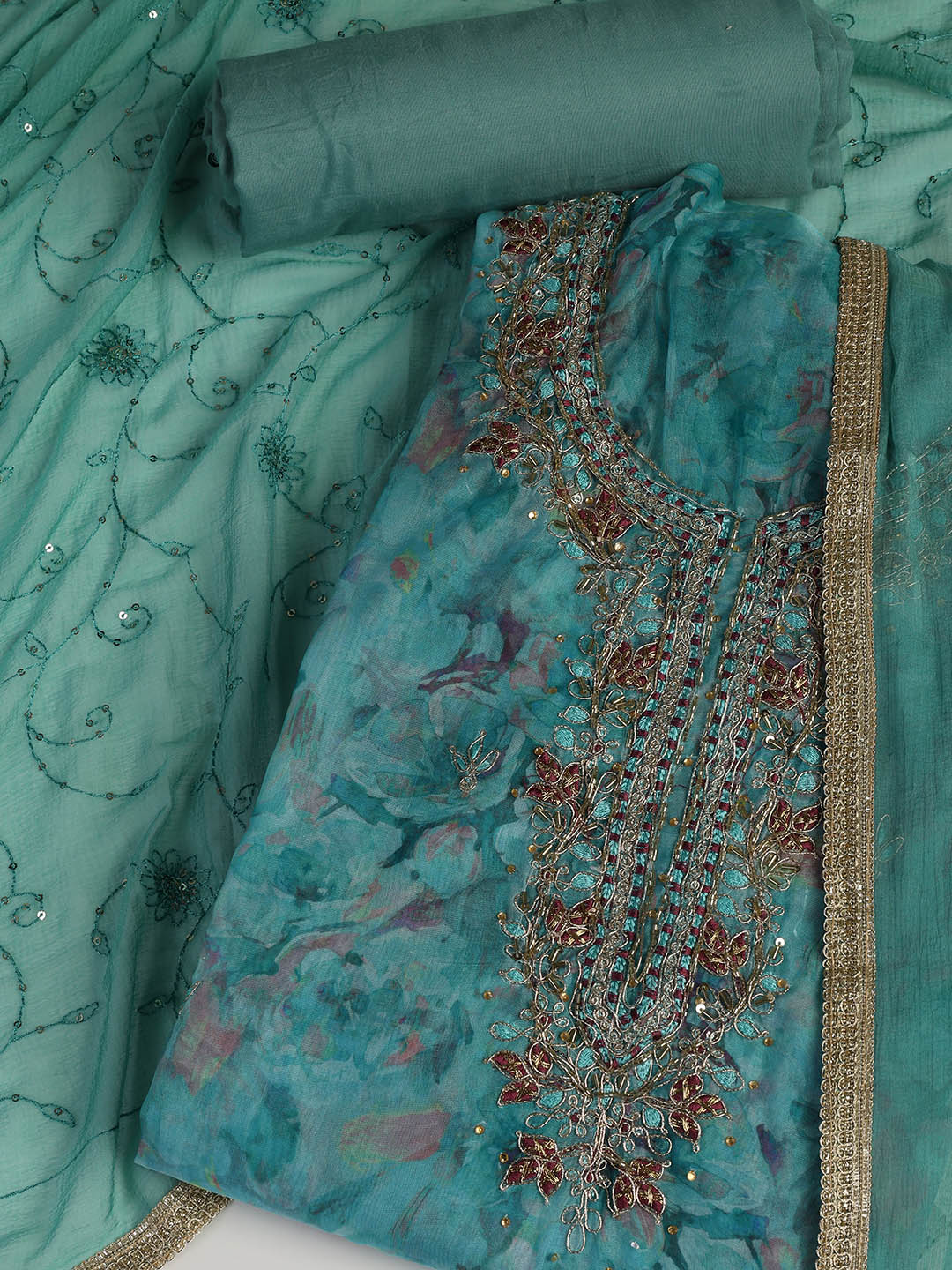 Neck Embroidered Organza Unstitched Suit With Dupatta
