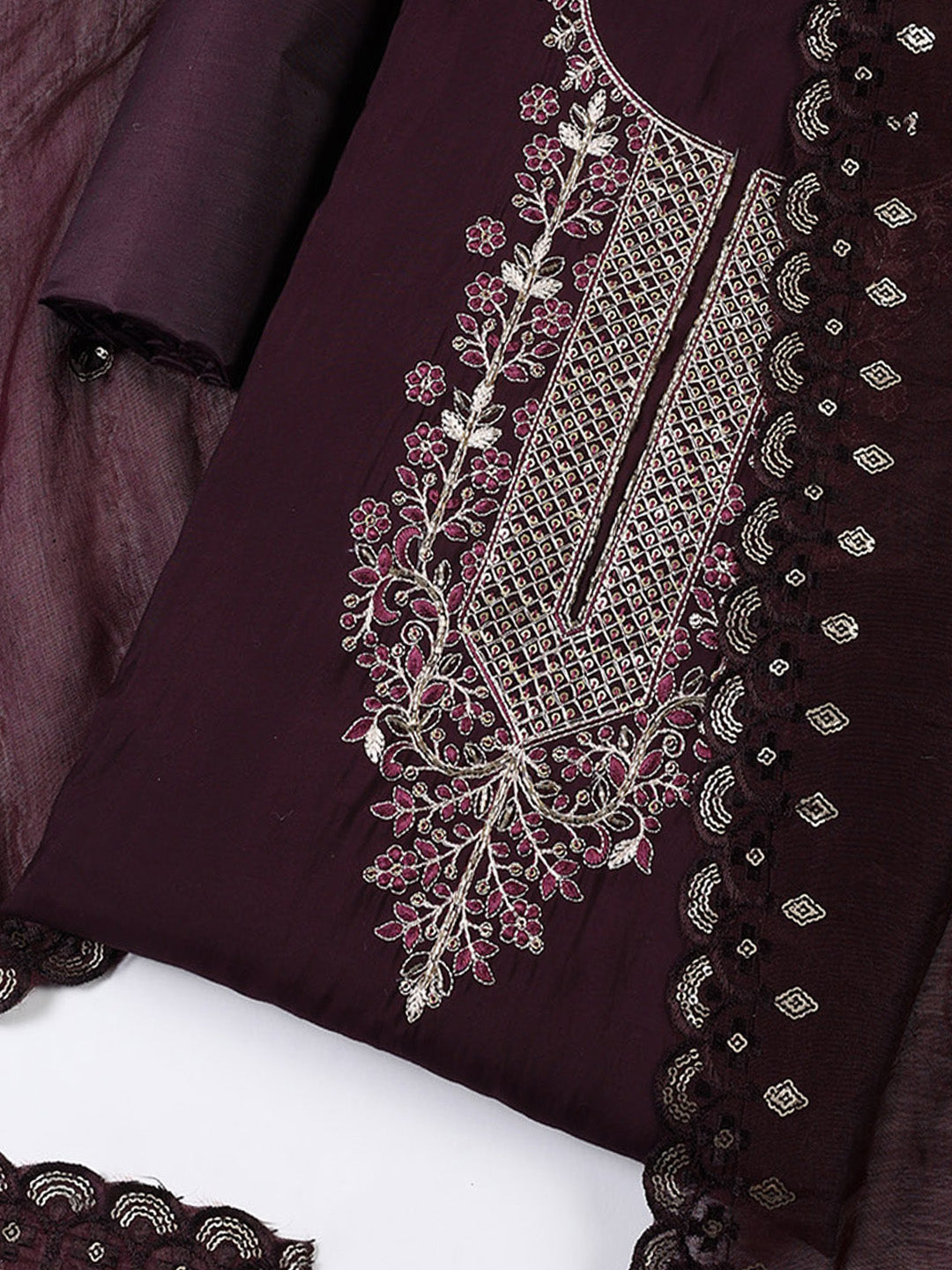 Neck Embroidered Chanderi Unstitched Suit With Dupatta