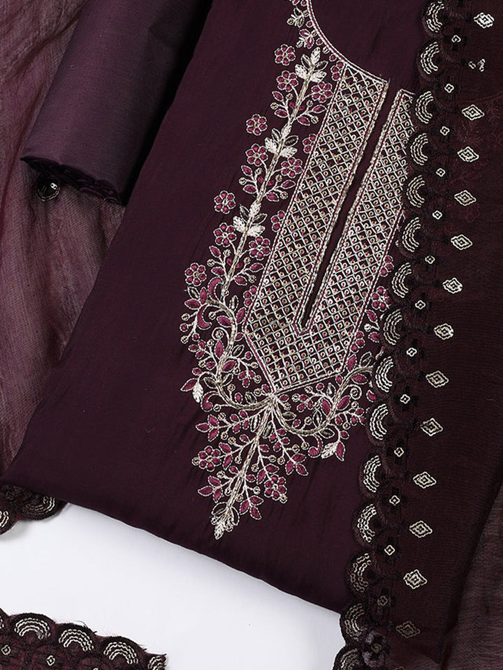 Neck Embroidered Chanderi Unstitched Suit With Dupatta