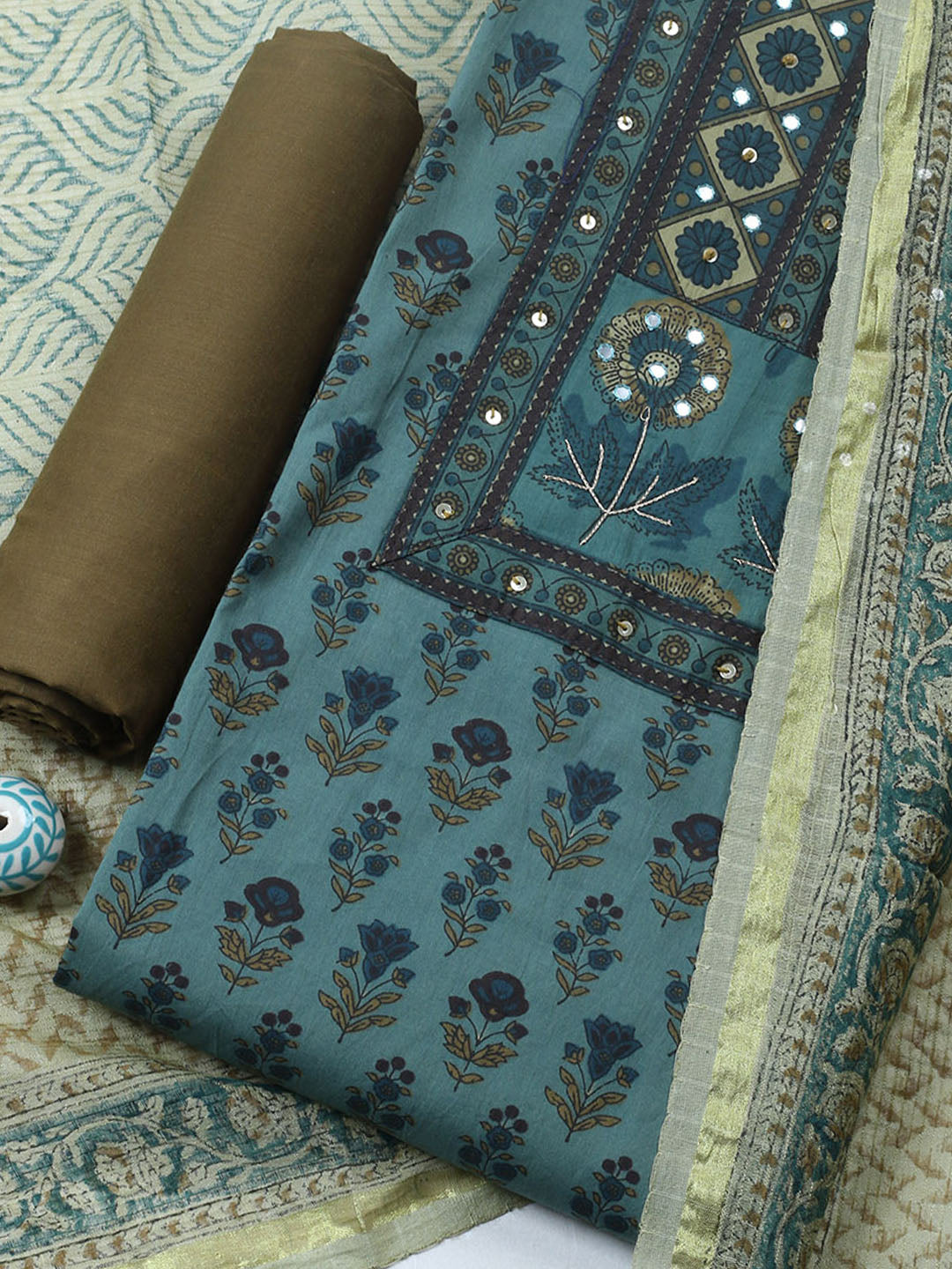 Printed Cotton Blend Unstitched Suit With Pant &amp; Dupatta