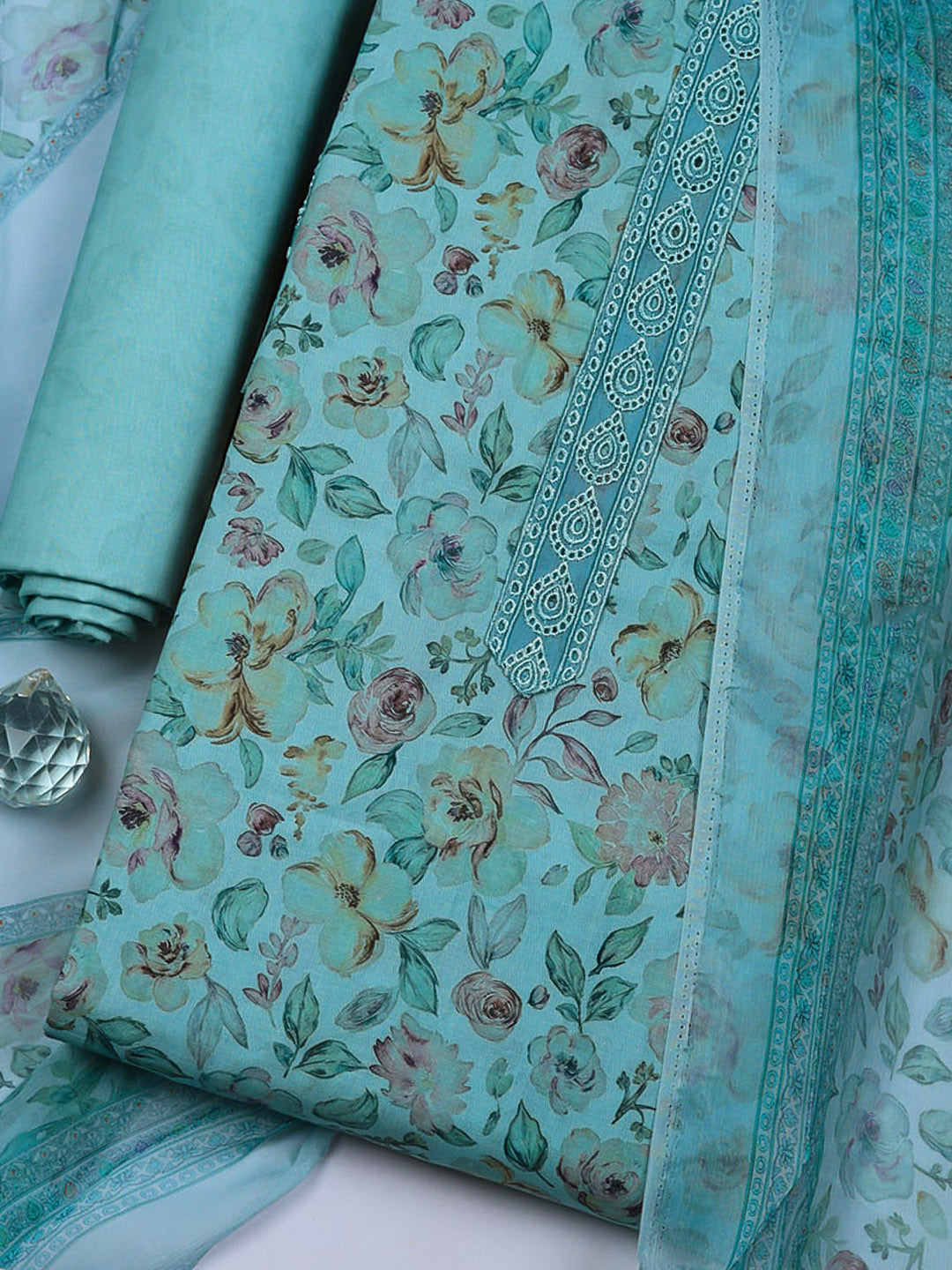 Embroidered Cotton Blend Unstitched Suit With Pant &amp; Dupatta